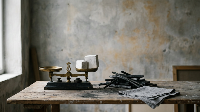 Studio still life of a brass beam scale, stacked charcoal sticks and two unequal plaster cubes on a grey table, cool north window light, no readable text.
