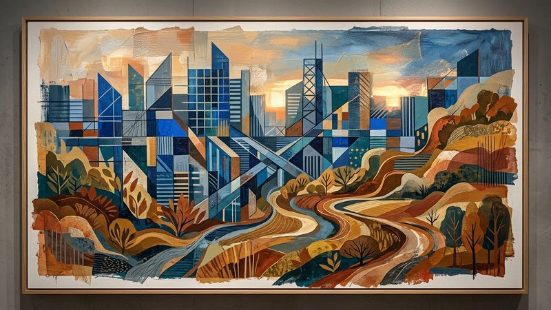 Contemporary installation view featuring mixed media works exploring urban landscapes and cultural identity