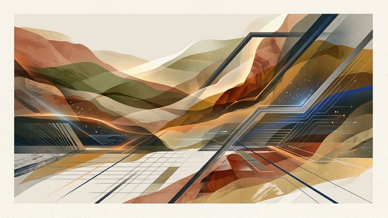 Contemporary abstract artwork featuring overlapping translucent planes in ochre and slate blue, evoking wetland topography and data streams, clean graphic composition