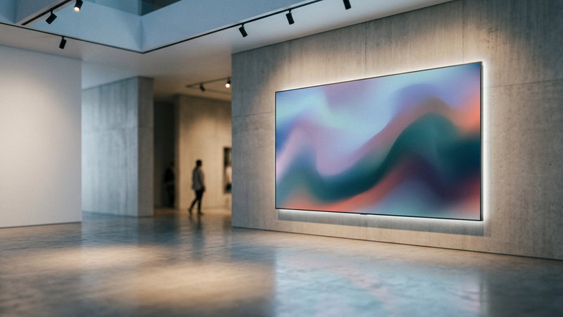 Gallery darkroom with a large calibrated monitor displaying abstract colour fields, reflection on polished floor, no readable text on screen.