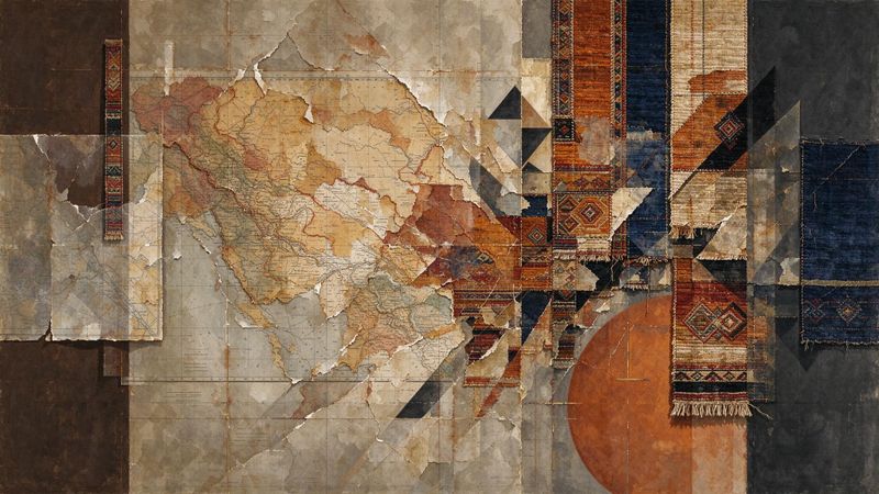 Abstract composition blending archival textures with contemporary geometric forms to evoke colonial history and cultural memory