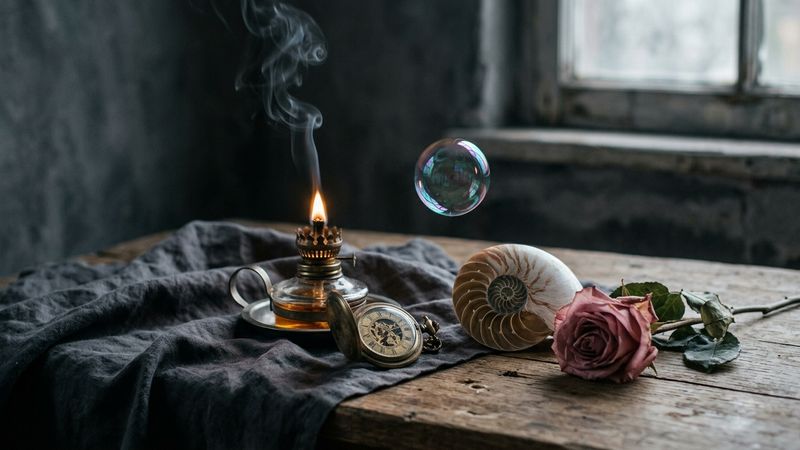 Candlelit oak table with an unlit brass oil lamp, an open pocket watch, a large tropical shell and a wilting cut rose on dark cloth, no skull shown as a specimen portrait.