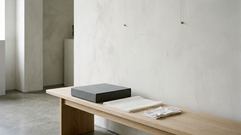 Soft gallery light on a blank wall and empty hanging hardware beside archival packing tissue and cotton gloves on a timber bench