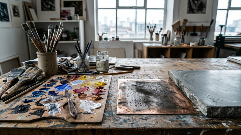 Workshop still life of palette, brushes, etching plate and stone slab in north window light, suggesting art techniques without readable labels