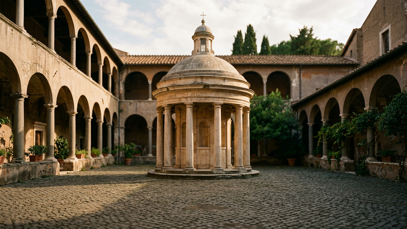 Sunlit cloister with a small circular classical chapel of pale stone columns and a shallow dome, empty of visitors, suggesting High Renaissance Rome