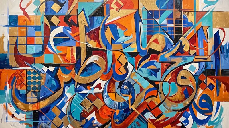 Abstract painting fusing deconstructed Arabic letterforms with modernist geometry, in the Hurufiyya tradition