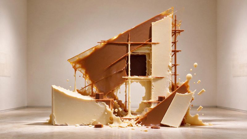 Abstract geometric arrangement of translucent amber and white crystalline forms suggesting architectural fragility and material transformation