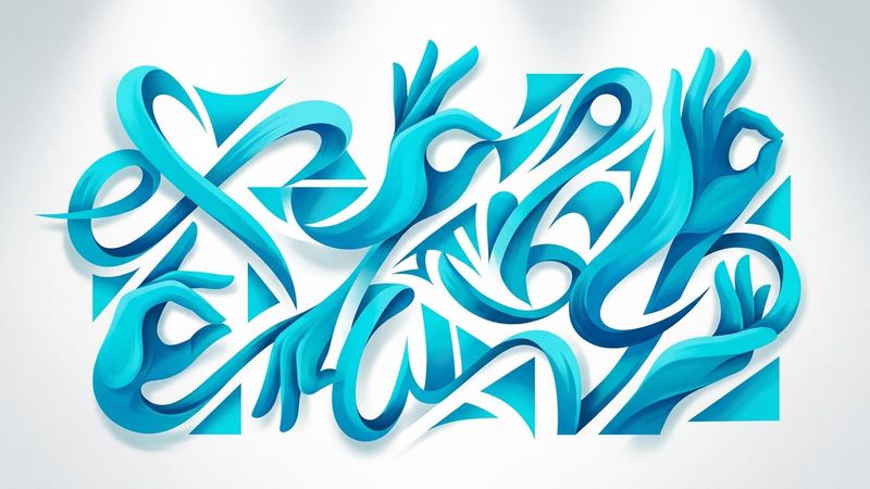 Abstract representation of signed language forms in turquoise blue, suggesting movement and permanence through geometric shapes and flowing lines