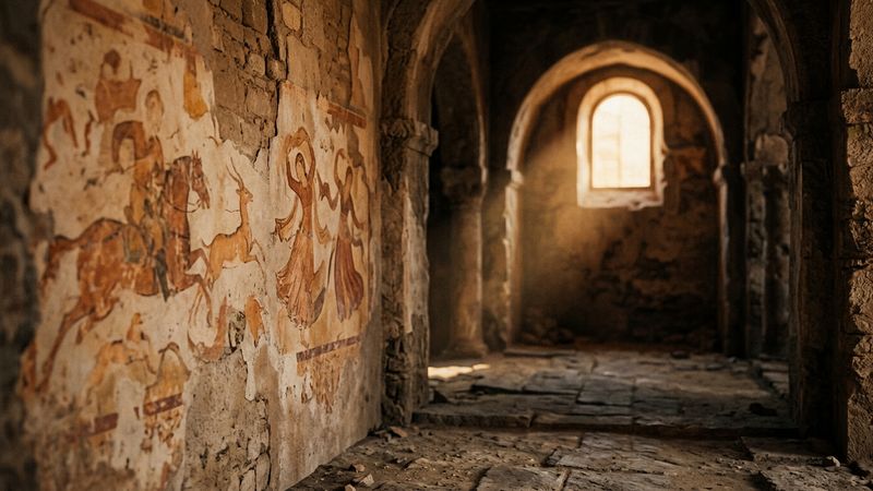 Sunlit interior of a medieval palace chamber with faded wall paintings showing abstracted figures and geometric borders, no readable text.