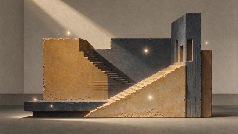 Abstract geometric composition suggesting ancient stone alignments and celestial navigation motifs