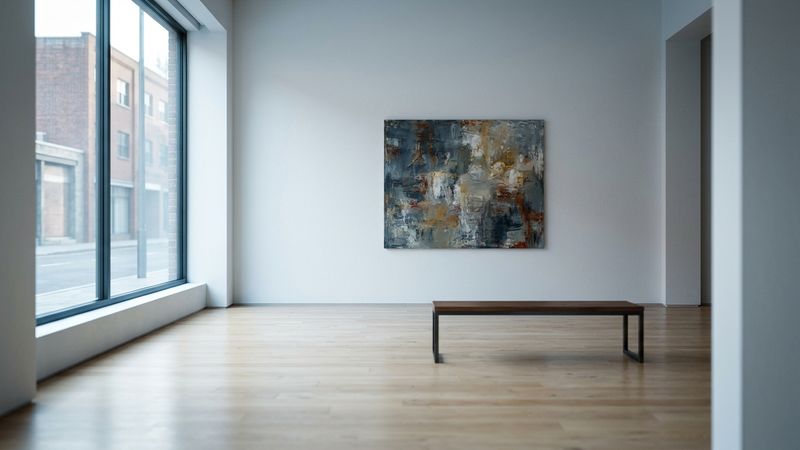 Sunlit contemporary gallery interior with white walls, pale wood floor and a single unlabelled canvas seen obliquely across empty space