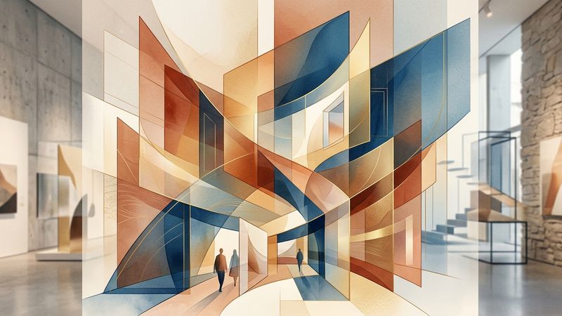 Abstract geometric composition reflecting contemporary Middle Eastern architecture and modern art curation