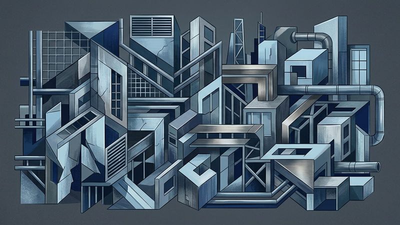 Abstract contemporary illustration of fractured glass panels reflecting muted architectural silhouettes against a gradient sky
