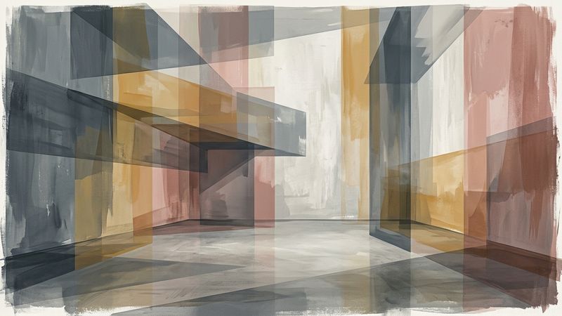Abstract contemporary composition featuring layered geometric shapes in muted earth tones and soft blues, evoking architectural space and curated light