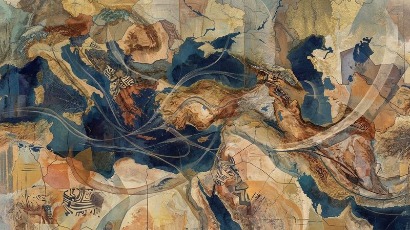 Abstract editorial illustration suggesting intersecting cultural geographies and layered Mediterranean landscapes