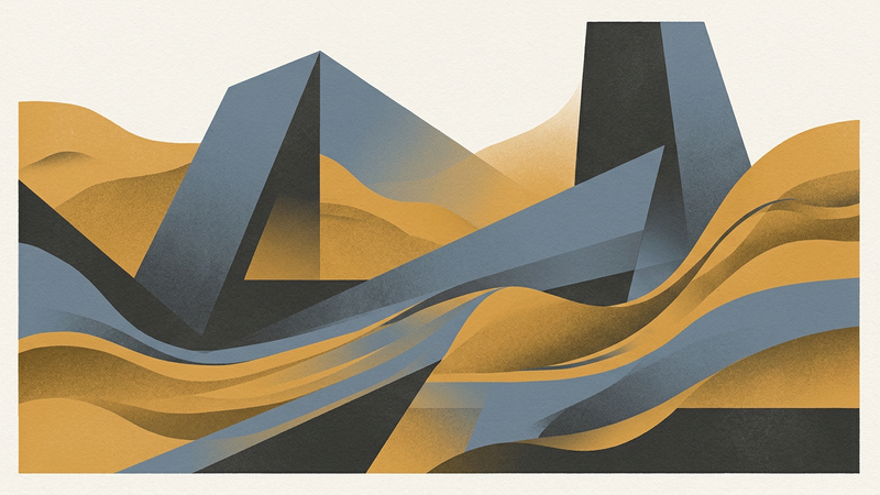 Abstract contemporary illustration depicting interwoven geometric forms and flowing lines suggesting urban landscapes and natural elements, rendered in muted earth tones and deep blues.