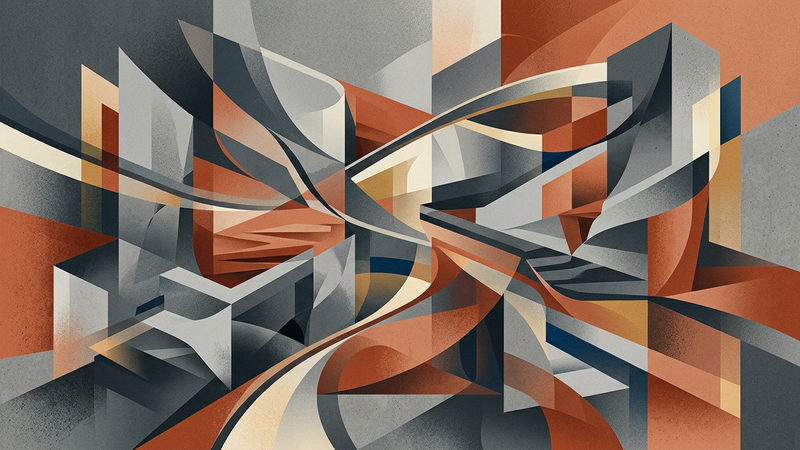 Abstract geometric composition featuring interlocking translucent planes in muted blue and ochre tones, suggesting institutional architecture and cross-cultural exchange.