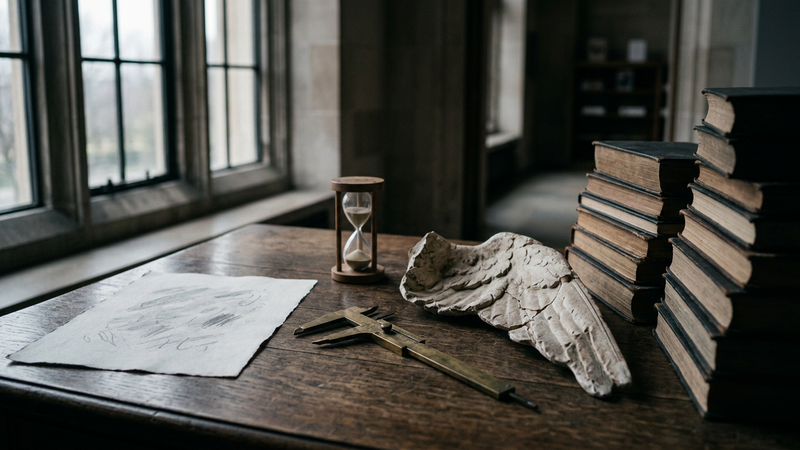 Oak study table with brass calipers, an hourglass, a plaster wing fragment and a closed old book under cool north-window light, no readable text.