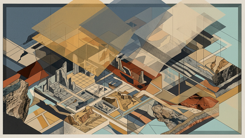 Abstract aerial view of layered topography rendered in muted tones, suggesting miniature landscapes and distorted perspectives without recognizable landmarks.
