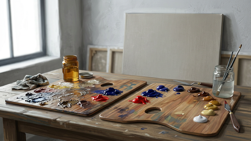 Studio still life with two porcelain palettes, linseed oil in a glass jar beside water in a second jar, cadmium red and ultramarine on separate knives, primed canvas board in background, cool north-li