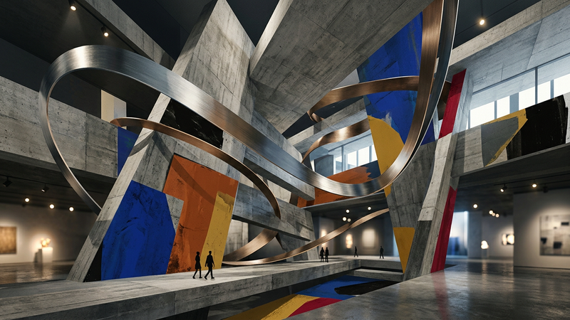 Abstract composition featuring geometric concrete forms intersected by vibrant colour blocks and silhouetted figures against a twilight sky