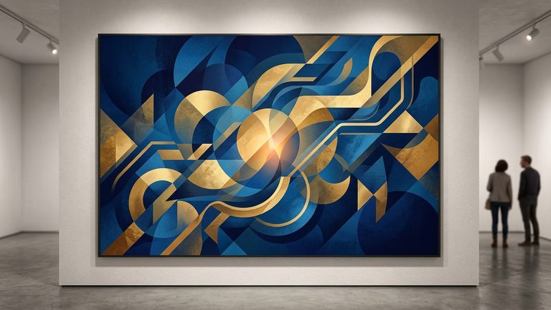 Abstract geometric composition in blue and gold tones representing gallery transformation and artistic legacy
