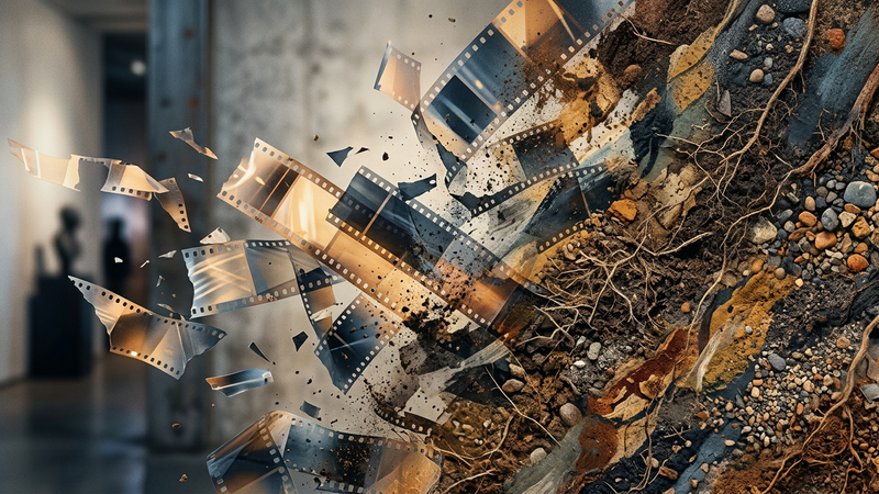 Abstract contemporary composition showing fragmented celluloid merging with earth textures, illuminated by diffuse amber and slate tones, avoiding text or logos