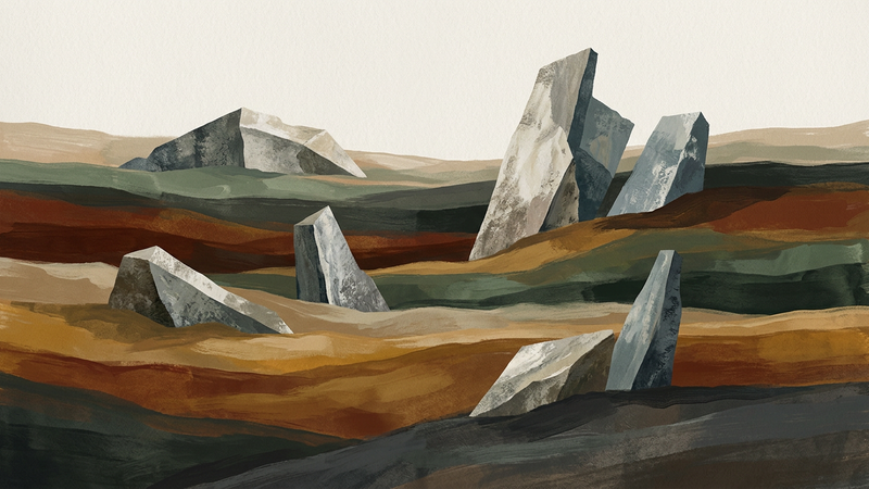 Abstract contemporary composition featuring geometric stone silhouettes against a muted gradient background, evoking prehistoric landscape architecture