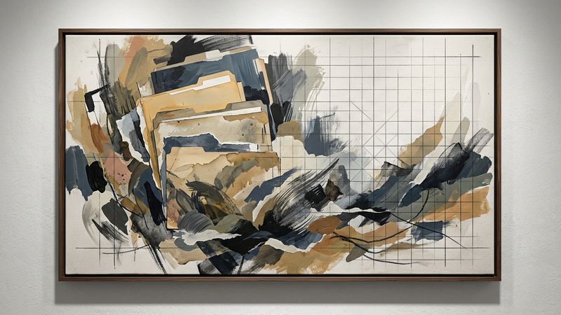Abstract contemporary composition featuring layered geometric forms and earthy pigments, evoking northern landscapes and archival documents without text or logos.
