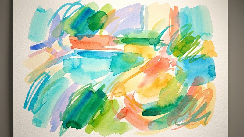 Abstract watercolour-inspired composition in vivid blues and greens, evoking sun-drenched Californian gardens with loose gestural marks and layered translucent washes on textured paper.
