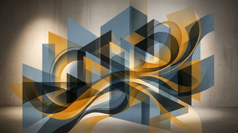 Abstract contemporary composition featuring layered geometric shapes in muted earth tones and vibrant accents
