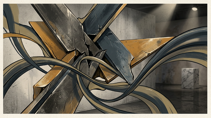 Abstract contemporary composition blending geometric planes with fluid gradients, evoking themes of exertion and structural resilience without text or logos