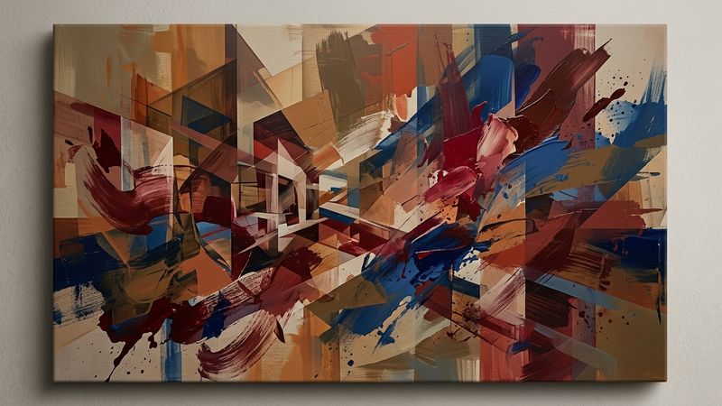 Abstract composition of overlapping geometric forms in muted earth tones and bold primary colours, evoking the energy of an art fair opening