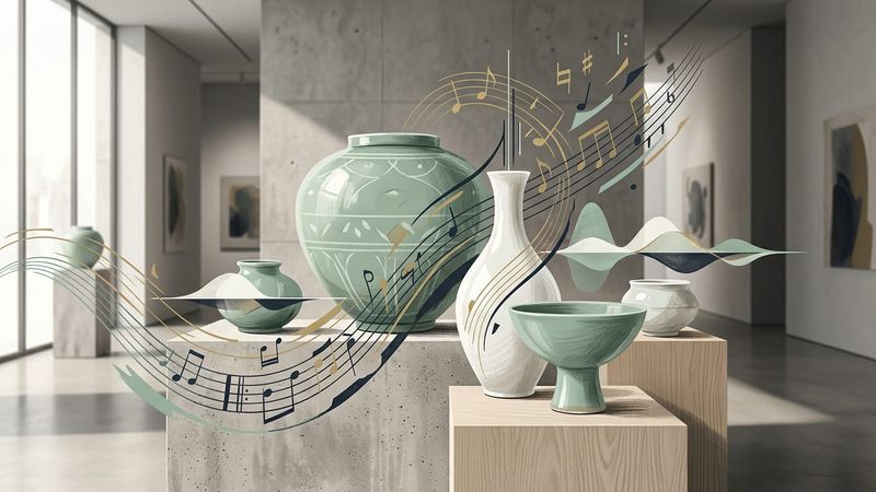Abstract composition blending traditional Korean ceramic forms with contemporary musical elements in geometric arrangement