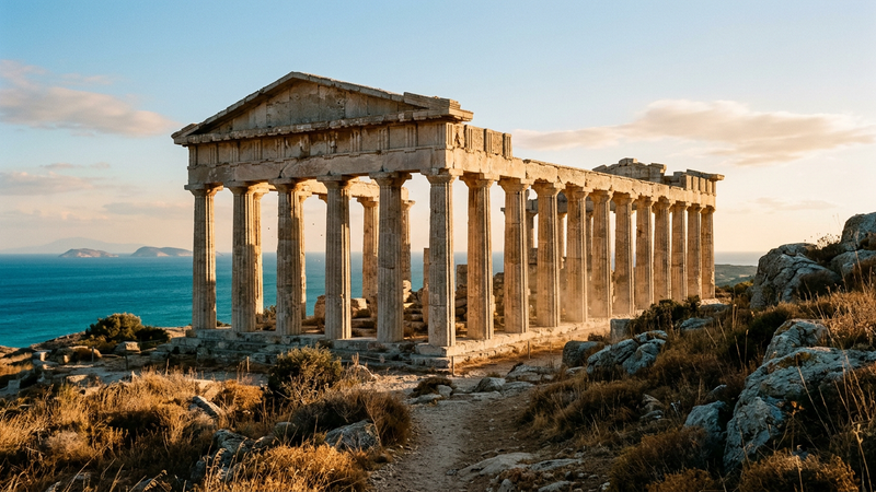 Sunlit limestone temple colonnade above the Aegean, weathered Doric drums and empty pediment against a clear sky