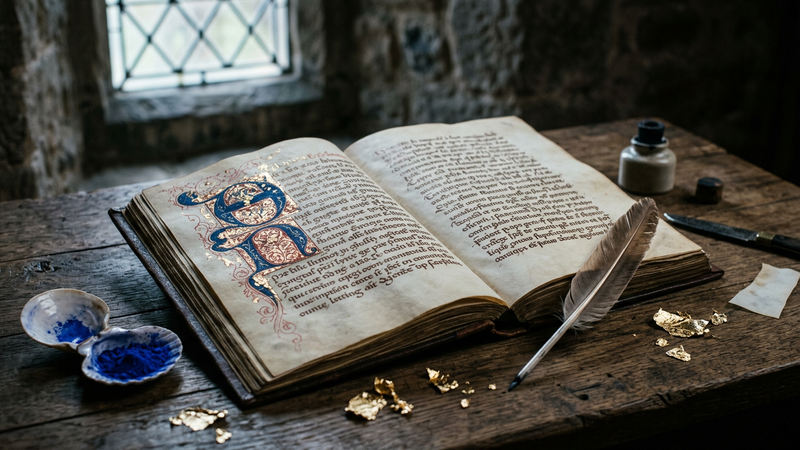 Candlelit oak desk with an open parchment manuscript, ultramarine pigment shell and gold leaf scraps beside a quill, cool north window light in a stone interior.