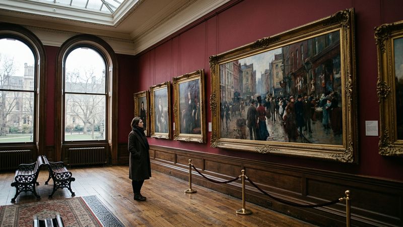 Sunlit nineteenth-century British gallery interior with gilt frames and a wide landscape-format narrative painting suggested in soft focus, cool daylight from tall windows