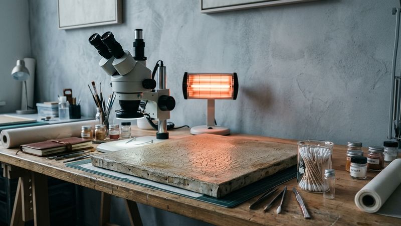 Conservation studio bench with microscope, swabs and raking light on a cracked blank canvas edge, suggesting lab study of paintings