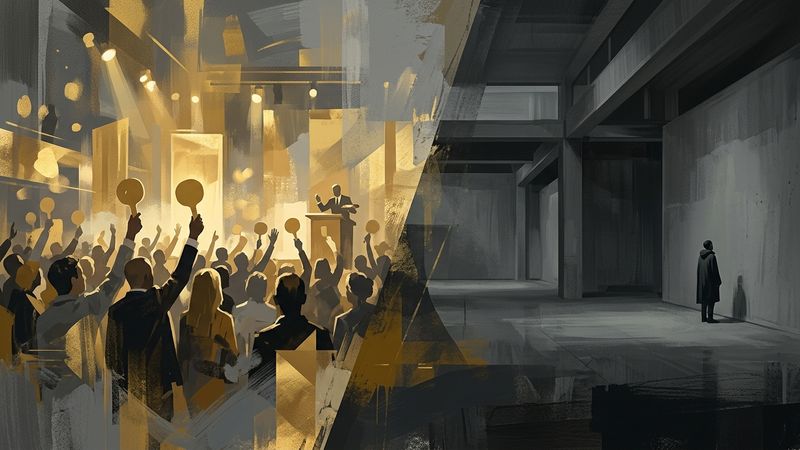 A split composition showing a glittering auction room on one side and an empty contemporary gallery with closed shutters on the other, rendered in muted tones with abstract geometric forms.