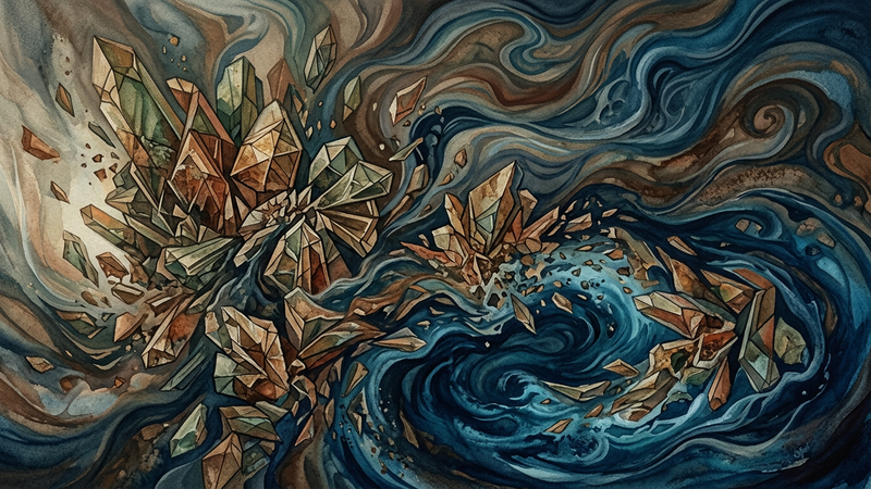 Abstract contemporary composition featuring fractured geometric shapes intersecting with flowing blue water motifs