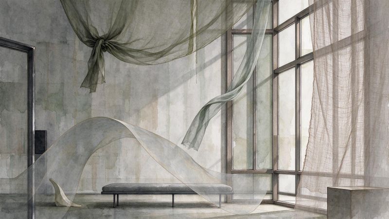 Abstract contemporary installation featuring suspended textile silhouettes and hand-forged metal window frames in a dimly lit gallery space.