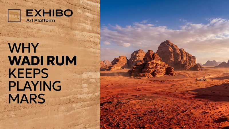 Red sandstone inselbergs rising from the iron-stained valley floor of Wadi Rum, southern Jordan — the desert used as a stand-in for Mars in The Martian and other films.