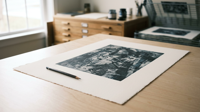 Printmaker’s table with a finished print, hard graphite pencil and edition fraction being written in the lower left margin