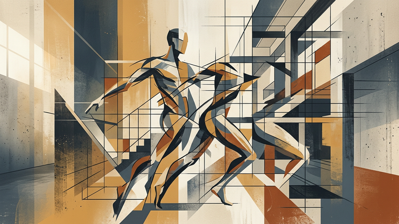 Abstract composition of overlapping silhouettes and geometric shapes in muted tones