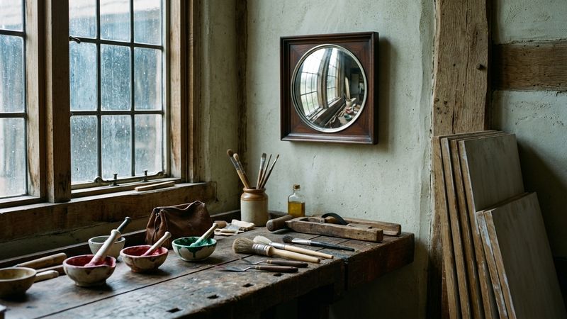 Cool northern window light falling across an oak workshop table with oil pigment bowls, a brass candlestick and blank oak panels, no figures.