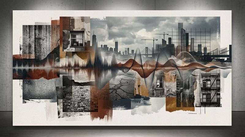 Abstract contemporary composition featuring layered photographic fragments, acoustic waveforms, and architectural silhouettes in muted earth tones