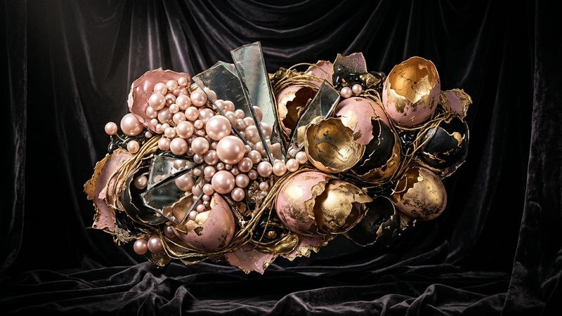 Pearl-encrusted sculpture in a velvet-draped gallery space, evoking theatrical and camp aesthetics.