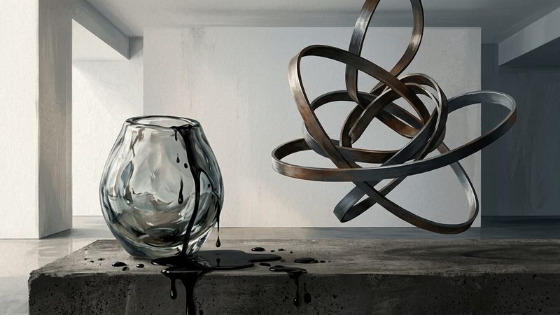 Abstract contemporary artwork depicting a glass vessel slowly draining dark liquid beside a twisting mechanical ribbon sculpture