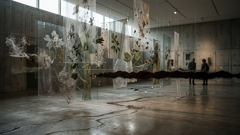A garden-like installation with coffee ground friezes, floating plants and water basins in a gallery space