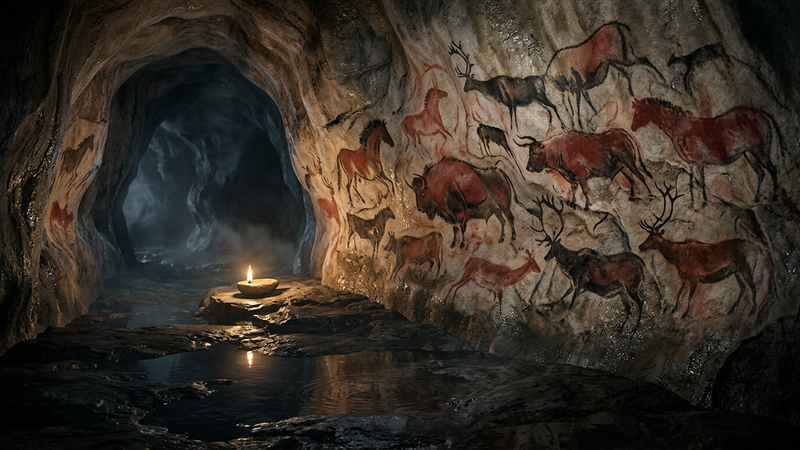 Dim limestone cave chamber with warm ochre and charcoal animal outlines on undulating walls, fat-lamp glow, no readable signs
